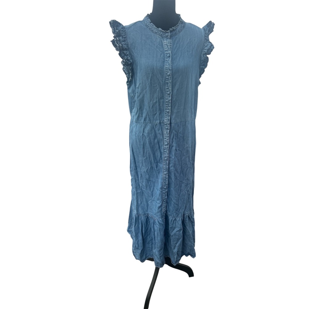 Nanette Lepore Blue Lyocell Denim Midi Dress Ruffle Eyelet Sleeve Size 12